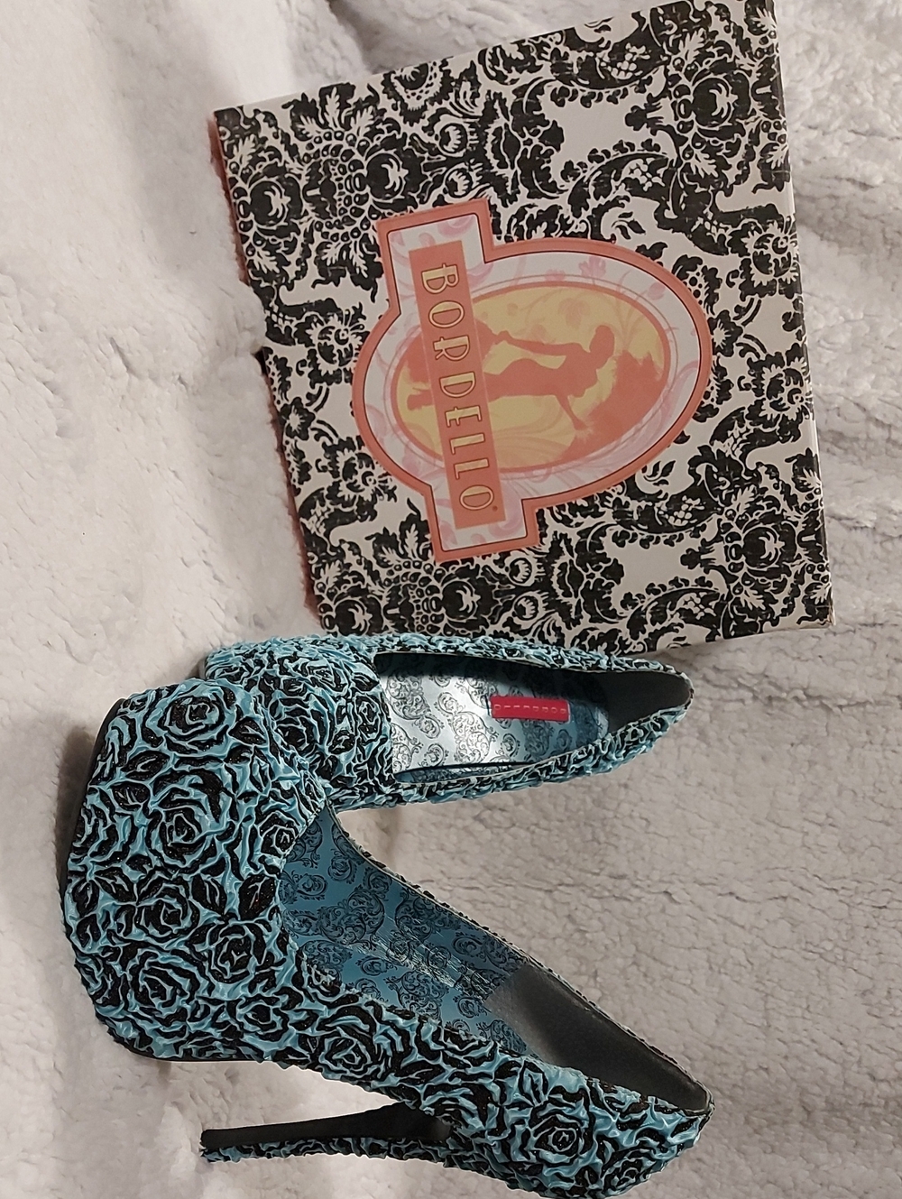 Bordello Turquoise and Black Floral Lace Platform Heels